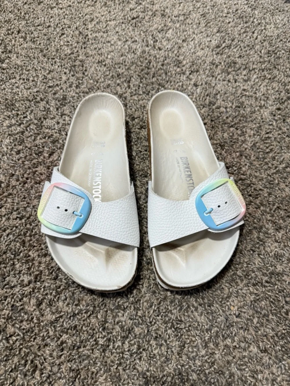Birkenstock White Slide Sandals with Pastel Ombre Buckles - Picture 2 of 6